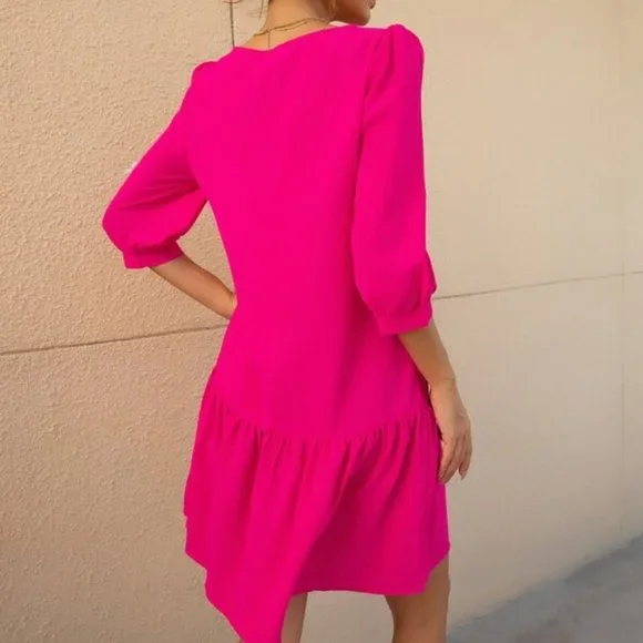 Hot Pink  Bishop Sleeve Ruffle Hem Belted Dress - Picture 2 of 12
